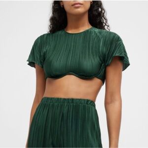 NWT Onia Plisse Underwire Short Sleeve Crop Top Dark Forest Green Keyhole Back M